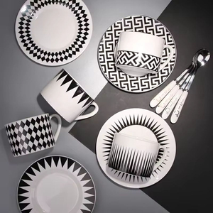 Nordic Creative Geometric Pattern Ceramic Coffee <b>Cup</b> Saucer Set Spoon Black White Sustainable Family Restaurant Hotel Use - Product Image 5