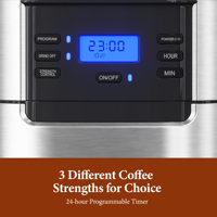Cafetière électrique à filtre 8 tasses avec moulin intégré, minuterie programmable, fonction de distribution automatique, en acier inoxydable, pour usage domestique