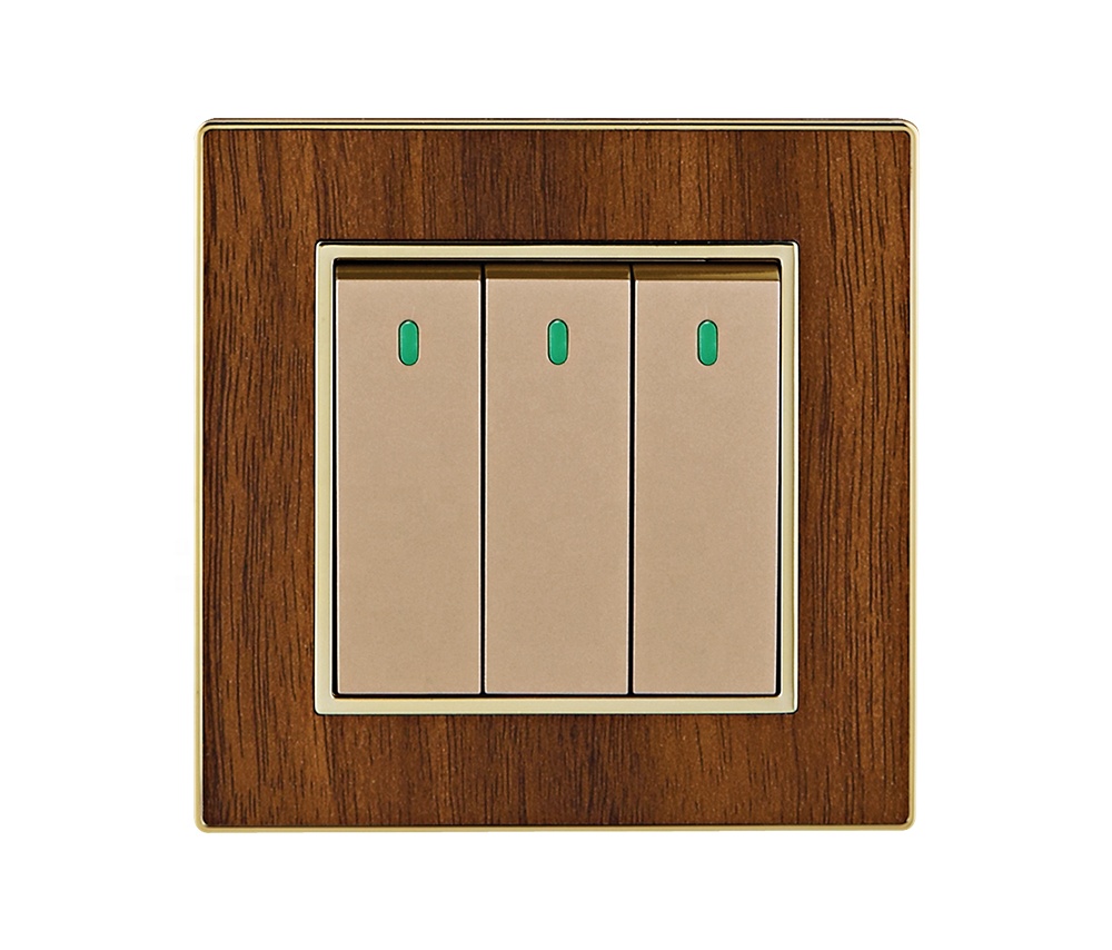 Wood Grain Acrylic Electrical 3 Gang 1 Way 2 Way Power Light Controller LED Electric Wall Switch