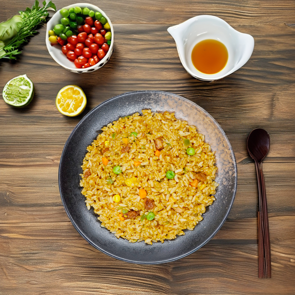 Высококачественные пищевые продукты, жареный рис с нарезанным кубиками курицей в соевом соусе, готовые к употреблению блюда, подходящие для китайского ресторана