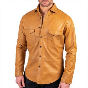Chemise décontractée en cuir véritable pour homme, couleur beige, manches longues, boutonnée, col rabattu, coupe classique, pour l'automne et l'hiver - Product Image 1