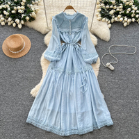 Robe longue décontractée pour femme, élégante, avec empiècements en dentelle, manches longues, coupe trapèze, taille à cordon, ample, idéale pour le quotidien et les vacances