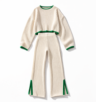 Ensemble deux pièces en tricot pour femmes, pull en tricot côtelé, haut court, pantalon large, tenue décontractée