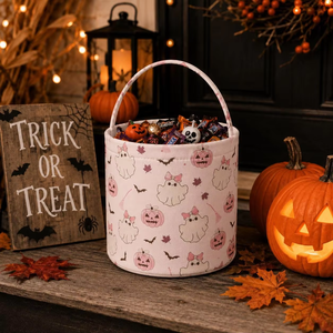 Panier en tissu Halloween avec poignée, motif fantôme, <span class=keywords><strong>araignée</strong></span>, chauve-souris rose, pour bonbons, cadeaux effrayants, ou pour la distribution de friandises, 2026 - Product Image 1