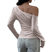 T-shirt moulant à pois doux pour femme, avec volants, nœud, dos nu, col licou, épaules dénudées, manches courtes, à nouer à la taille, amincissant