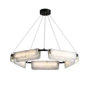 Lámpara Colgante Rectangular Moderna de Alabastro, Araña LED de Aluminio Negro para Sala de Estar, Luz Blanca Cálida 3500K, E27, Control por Interruptor - Product Image 3