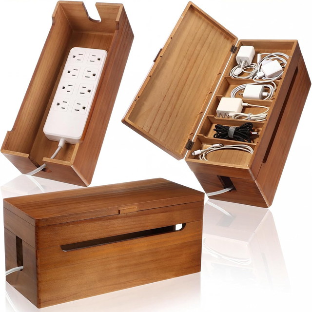 Double Layer Wooden Cable Management Box Large with Lid Power Strip Cord Organizer Hider for Desk TV Stand Home Office