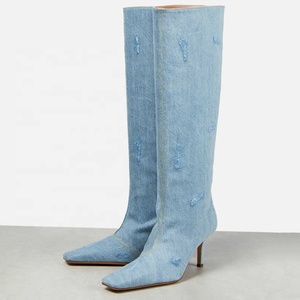 Women's Stylish Long Boots Low Heels Square Toe Fashion Knee High Booties Stone Pattern Denim on <b>Shoes</b> - Product Image 4