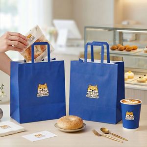 Custom <b>Biodegradable</b> Eco-Friendly Disposable Kraft Paper Tote Bags for Baking Desserts Food <b>Packaging</b> Flat Handles - Product Image 4