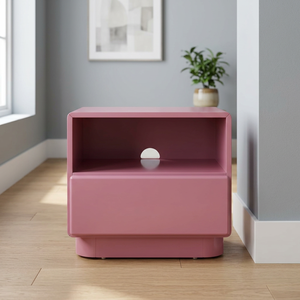 Table de chevet en teck rose pâle avec 1 tiroir, gestion des câbles et étagère ouverte - Product Image 3