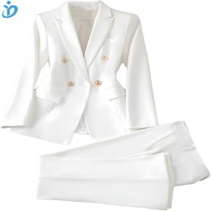 سترة عمل أنيقة للنساء بتصميم كلاسيكي للمكتب للسيدات سترة عمل ضيقة مزدوجة الصدر سترة احترافية بطول فوق الركبة - Product Image 1