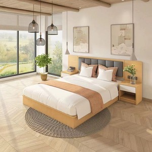 Ensemble de mobilier de chambre moderne en chêne pour hôtel et gîte, avec lit de rangement à tête de lit rembourrée carrée, table de chevet et bureau TV, suite complète - Product Image 2