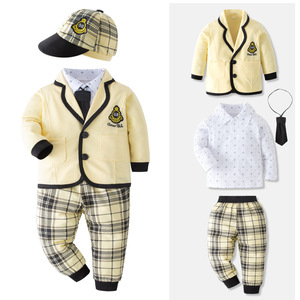 Traje formal de estilo caliente para niños Traje de primavera y otoño 5 piezas Camisa estampada de caballero y pantalones a cuadros para niños - Product Image 2