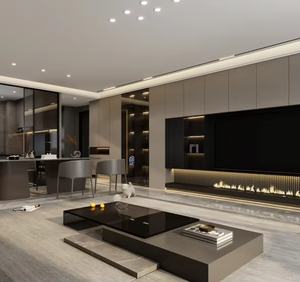 Meuble TV flottant avec éclairage LED et étagères ouvertes, console multimédia moderne en bois de noyer pour salon, sur mesure - Product Image 2