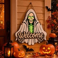 Décoration Suspendue Lumineuse en Bois pour Halloween, Panneau de Porte Multicouche Empilé avec Crâne et Fantôme, Lumineux pour Porche et Mur