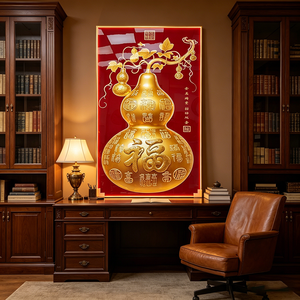 Wholesale Custom Red Background Golden Gourd Wall Art <b>Framed</b> Chinese New Year Blessing LED Crystal Porcelain <b>painting</b> Gift Decor - Product Image 6