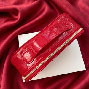 Pochette de maquillage ovale en <span class=keywords><strong>cuir</strong></span> rouge, portable, avec poignée, fermeture éclair dorée, <span class=keywords><strong>organiseur</strong></span> de beauté de <span class=keywords><strong>luxe</strong></span> pour femmes - Product Image 4