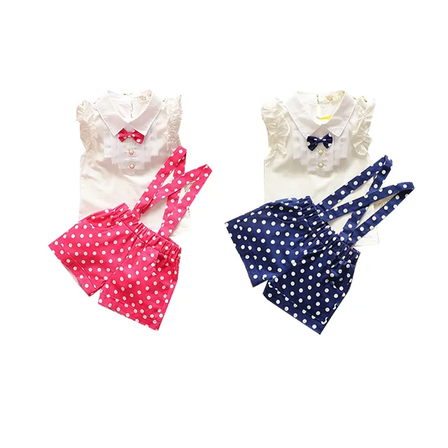 Yiwu Wholesale 2023 Hot Selling Little Girls Ruffle Short Sleeve White Tops with Polka Dot Straps shorts Elegant Summer Sets