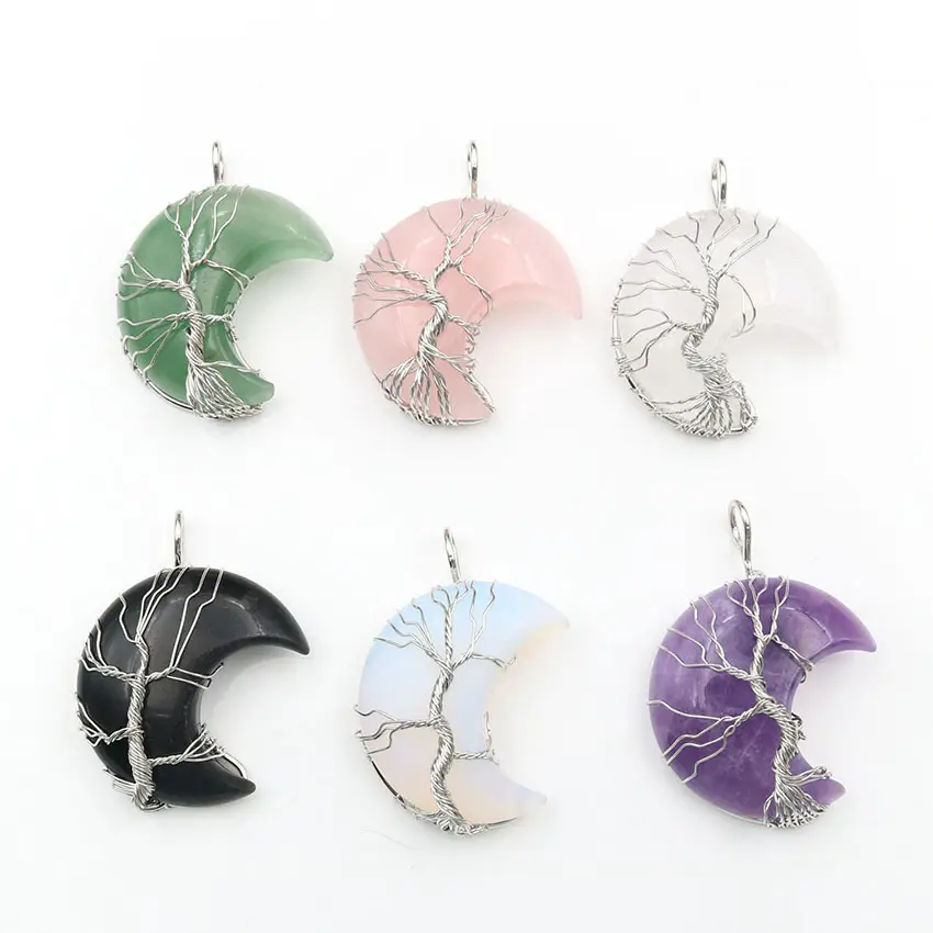 Pendentif en pierre naturelle au Design créatif de lune, arbre de vie, améthyste, Rose, Quartz, collier de décoration Diy