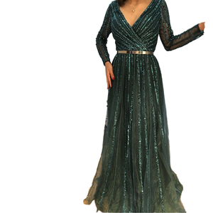 S0462N nuovo stile retrò Chiffon <span class=keywords><strong>verde</strong></span> a <span class=keywords><strong>maniche</strong></span> <span class=keywords><strong>lunghe</strong></span> con scollo a V aderente in rilievo adatto per abito da sera banchetto annuale - Product Image 3