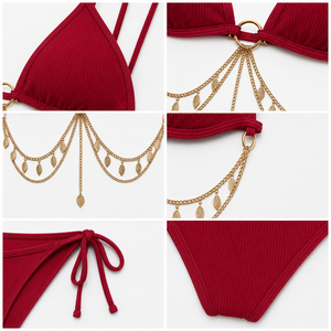 Plunge <b>Bikini</b> Swimsuit <b>Set</b> Ribbed <b>Triangle</b> Bra Thong Beachwear for Women - Product Image 3