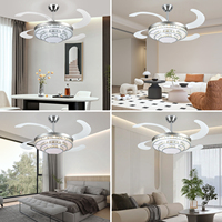 Ventilateur de plafond moderne rétractable argenté avec télécommande et lumière, 42 pouces, en cristal, pour l'éclairage des salles à manger d'hôtel