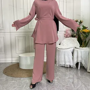 Conjunto de vestido Jilbab feminino Abaya 2 peças com vestido muçulmano 2 peças conjunto de calças de renda e camisa feminina