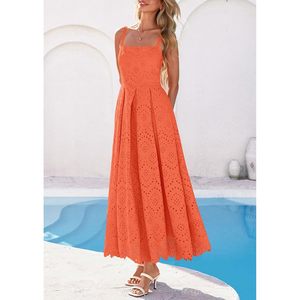 Robe longue d'été sans manches pour femme, col carré, à œillets, coupe trapèze fluide, pour les vacances à la plage, en tissu tissé respirant - Product Image 3