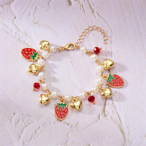 <strong>Korean</strong> Elegant Adjustable Alloy Pearl Heart Shaped Cherry Bracelet for Women Gold Plated Enamel Strawberry <strong>Charm</strong> for Summer - Product Image 1