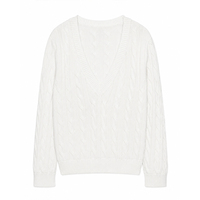 Pull en maille torsadée pour femme en mélange de coton, col en V, style classique, avec poignets côtelés, tricot texturé épais, vente en gros sur mesure