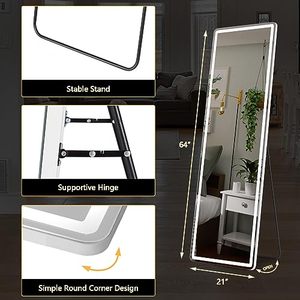 <span class=keywords><strong>Espejo</strong></span> de Pie de Cuerpo Entero con <span class=keywords><strong>Marco</strong></span> Delgado <span class=keywords><strong>Blanco</strong></span> de 64 x 21 Pulgadas con Luces LED, <span class=keywords><strong>Espejo</strong></span> de Aleación de Aluminio para Sala de Estar - Product Image 6