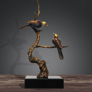 Brass Bird Sculpture On Tree Branch Golden Bronze Handmade Home Office Decor Gift HX9529 - Product Image 1
