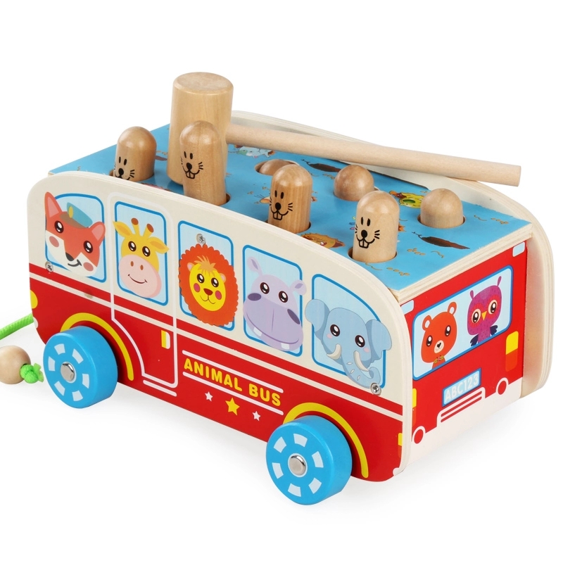 Baby Educational Wooden Bus Car Shape Children Hammering Hamster Game Kids