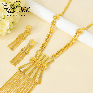 Parure de bijoux de mariage éthiopienne nigériane en or 24 carats, collier long en alliage de titane, boucles d'oreilles imposantes - Product Image 3