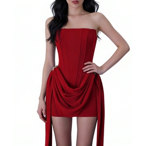 Vestido Mini Corsé sin Tirantes para Mujer, con Cintura Drapeada, Detalle de Hebilla Metálica y Lazo Largo, Vestidos de Moda - Product Image 1