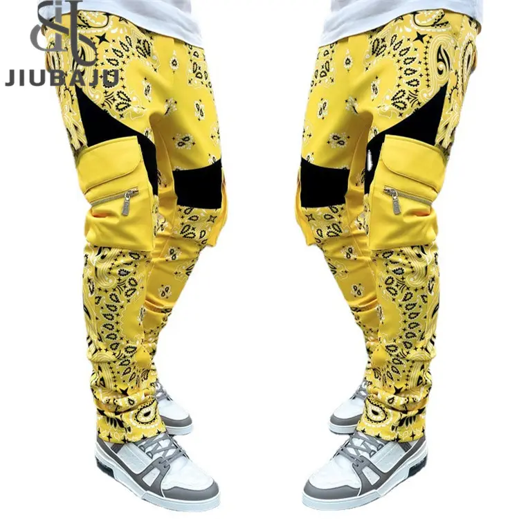 Nuovi pantaloni sportivi Casual con fiore di anacardi stampati tuta Multi-borsa da uomo allentata High Street streetwear