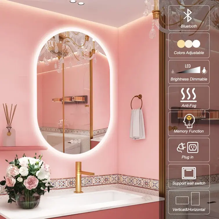 High End Oval Wall Mirror Silver Modern Bathroom Led Smart Bathroom Vanity Mirror With Light And Bluetooth Speakers