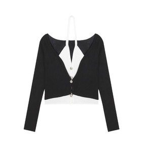 Faux Two Piece V Neck <b>Long</b> Sleeve Halter <b>Sweater</b> <b>Cardigan</b> For Women Autumn Slim Fit Short Top Solid Color Contrast Design - Product Image 5