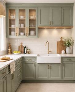 Armoires de <span class=keywords><strong>cuisine</strong></span> Shaker peintes sur mesure de qualité supérieure avec panneaux en mélamine, design moderne en forme de L, plinthe dorée, éclairage LED - Product Image 6