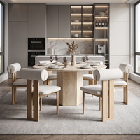 Ensemble de table à manger ronde en chêne clair nordique avec chaises rembourrées blanches à dossier rabattable, structure en bois massif pour cuisine ouverte ou salle à manger
