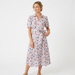 Robe midi en coton à imprimé floral naturel simple pour femmes avec ceinture, col rabattu, manches courtes, coupe évasée, décontractée, printemps - Product Image 1