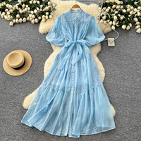 Robe longue décontractée pour femme WIWT, élégante, rose, brodée, à manches bouffantes, coupe trapèze, col montant, boutonnée, avec ceinture, pour le quotidien