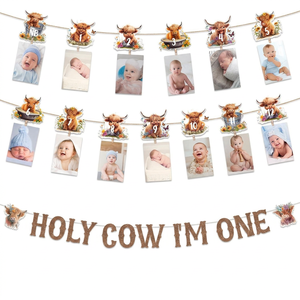 Striscione per il primo <span class=keywords><strong>compleanno</strong></span> con scritta 'Holy Cow Im One Highland Cow' e striscione fotografico mensile per decorazioni di <span class=keywords><strong>compleanno</strong></span> per bambini - Product Image 1