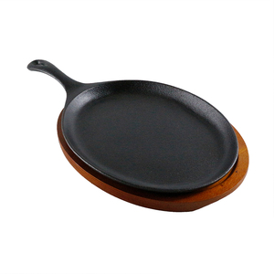 Pre-seasoned Cast Iron Oval <strong>Pan</strong> with Wooden Tray Ideal for Grilling Serving Griddle <strong>Grill</strong> <strong>Pan</strong> - Product Image 2
