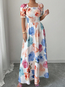 Robe longue femme à imprimé floral coloré, manches bouffantes, col carré, taille naturelle, écologique, pour l'été, la plage, les fêtes et les vacances - Product Image 5