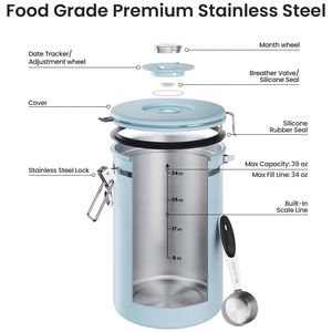 Boîte à café sous vide en acier inoxydable 304 de qualité alimentaire supérieure avec indicateur de date, récipients de stockage hermétiques pour grains de café et thé - Product Image 4