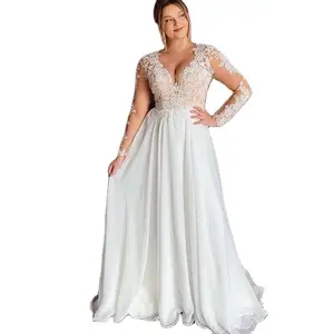 Plus Size Bridal Dress V Neck Lace Appliques Long Sleeve Illusion Sexy Back