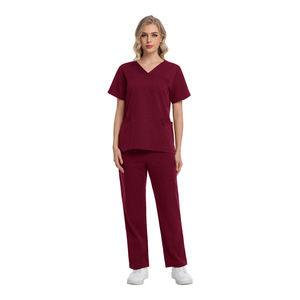HZKwai Scrub Suit Set Unisex Short Sleeve Moisture Wicking Clinic Uniform Maroon S - Product Image 3