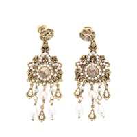 Boucles d'oreilles pendantes vintage en or antique, grandes, rondes, ajourées, motif floral, avec perles et cristaux, pour femme