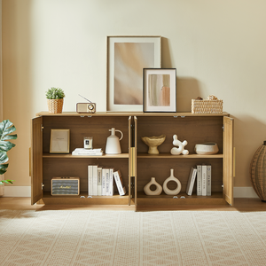 Modern Rattan 4-Door Buffet Cabinet Large <b>Sideboard</b> & Credenza for Living Room Dining Hotel Use - Product Image 5